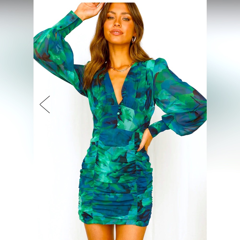 Hello Molly Teal & Emerald Abstract Ruched Mini Dress